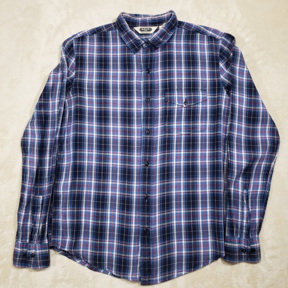 Salt Valley Western Button Up Shirt Men Medium Blue Plaid‎ Cotton Casual Pocket